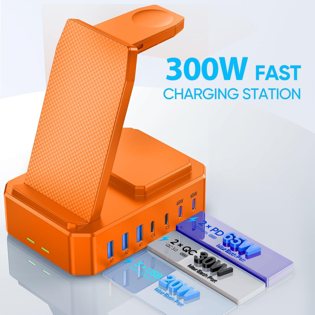 300W Charging Station for Multiple Devices Apple, Zutspzss 10 in 1 Wireless Charger for iPhone 16, GaN III USB C 65W PD Fast Charging Stand Dock for MacBook, Apple Watch&Airpods,Orange