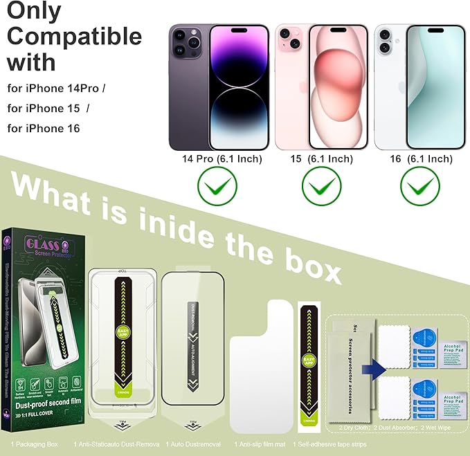 [2-Pack Ultra HD Clear Screen Protector for iPhone 14 Pro/15/16 (6.1-Inch),9H Tempered Glass,Full Coverage,Anti-Fingerprint,Auto Dust Removal,Bubble-Free,Easy Installation