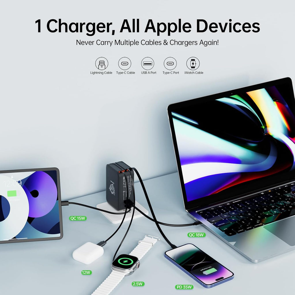 Apple Watch Charger Travel Essentials, 5 in 1 Travel Charging Station for Apple Devices, Retractable Wall Charger with 3*3.2ft Retractable Cables, Fast Charger Block for Apple Gear (Black)