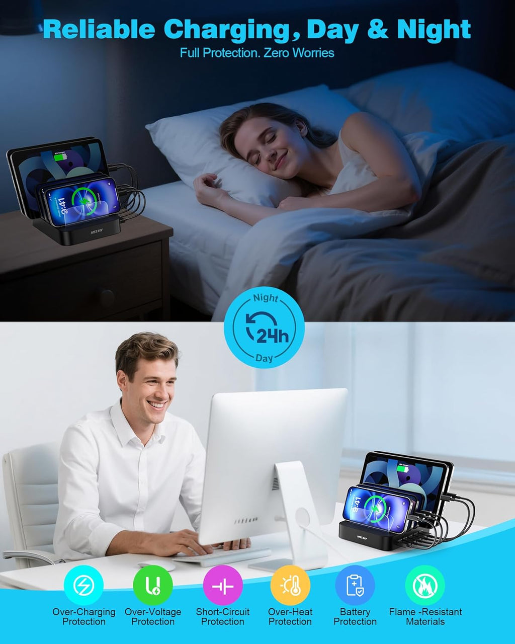 MSTJRY Charging Station for Multiple Devices : 5 Port Multi USB-A Charger Stations Multi-Device Organizer Charging Dock Designed for iPhone iPad Cell Phone Tablets (7 Short Cables Included), Black