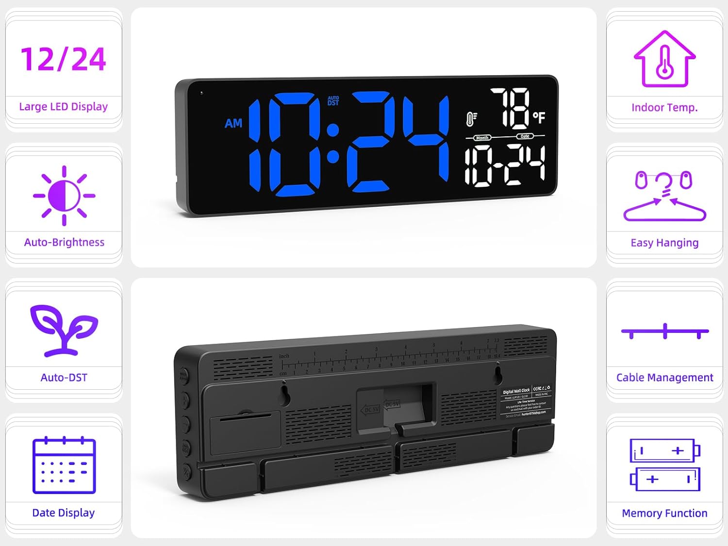 Large LED Digital Wall Clock with Date, Temperature, Auto-Brightness, Auto-DST | Big Digital Clock for Bedroom, Desk, Classroom, Living Room, Kitchen, Office, Gym, Farmhouse, Xmas Gift for Seniors