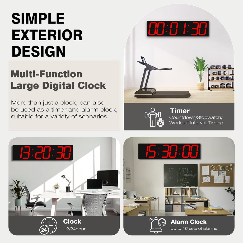Digital Wall Clock with Large Display, 28.4‘’LED 6-Digit Large Clock with Adjustable Brightness, Multifunction Gym Clock with Countdown,Stopwatch and Workout Interval Timing (Red)