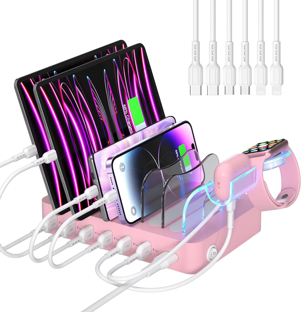 SooPii Premium 6-Port USB Charging Station Organizer for Multiple Devices, 6 Short Charging Cables and One Upgraded i-Watch Charger Holder Included, for Phones,Tablets and Other Electronics, Pink