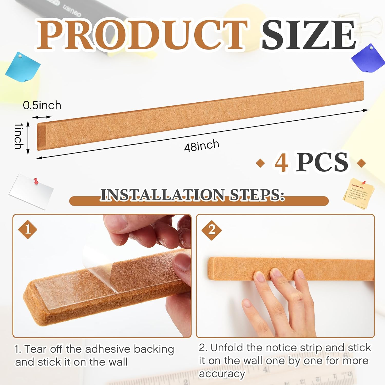 4 Pcs 48" x 1" Foldable Felt Cork Strips Bulletin Bar Strip for Wall,Notice Board Self Adhesive Cork Wall Decoration,Paste Note,Photo,Schedules,Office Home Decor