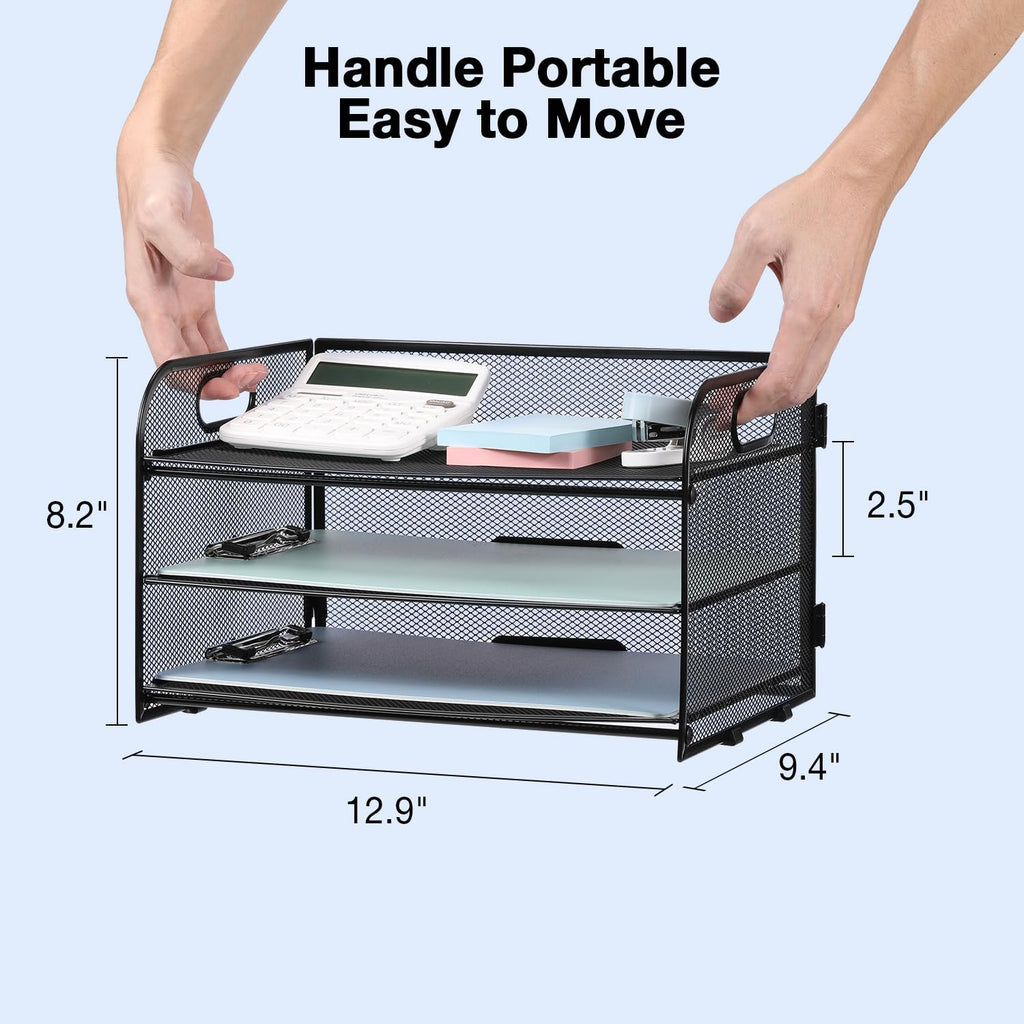3-Tier Letter Tray Paper Organizer with Handle, Compact Mesh Desk File Organizer for Home Office Supplies Desktop Accessories,Black