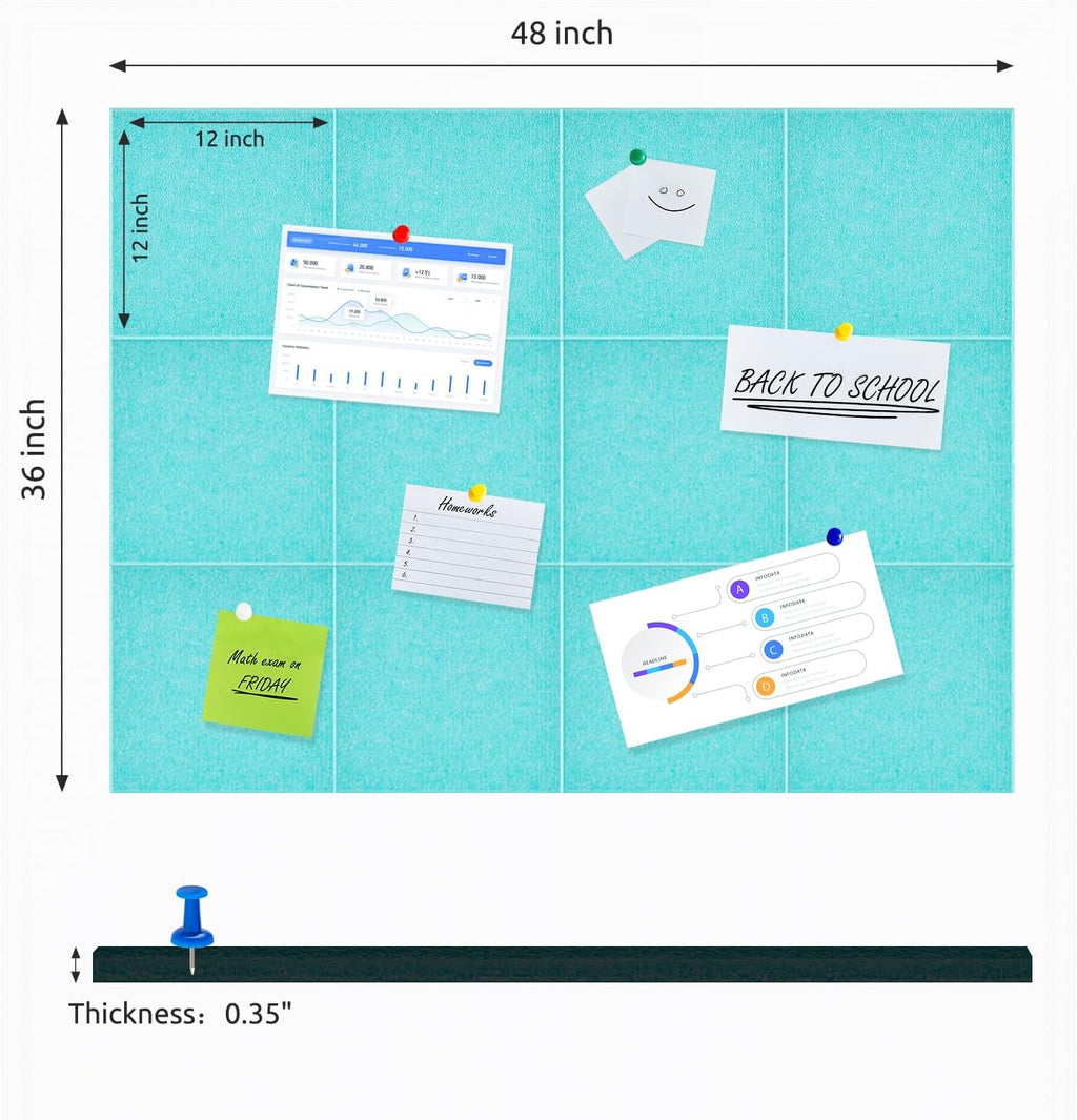 Cork Board for Wall,48"x36" 12 Pack Felt Wall Tiles with Safe Removable Adhesive Tabs, Bulletin Boards for Home Office Kitchen, Pin Board Notice Board for Photos, Memos, Baby Blue