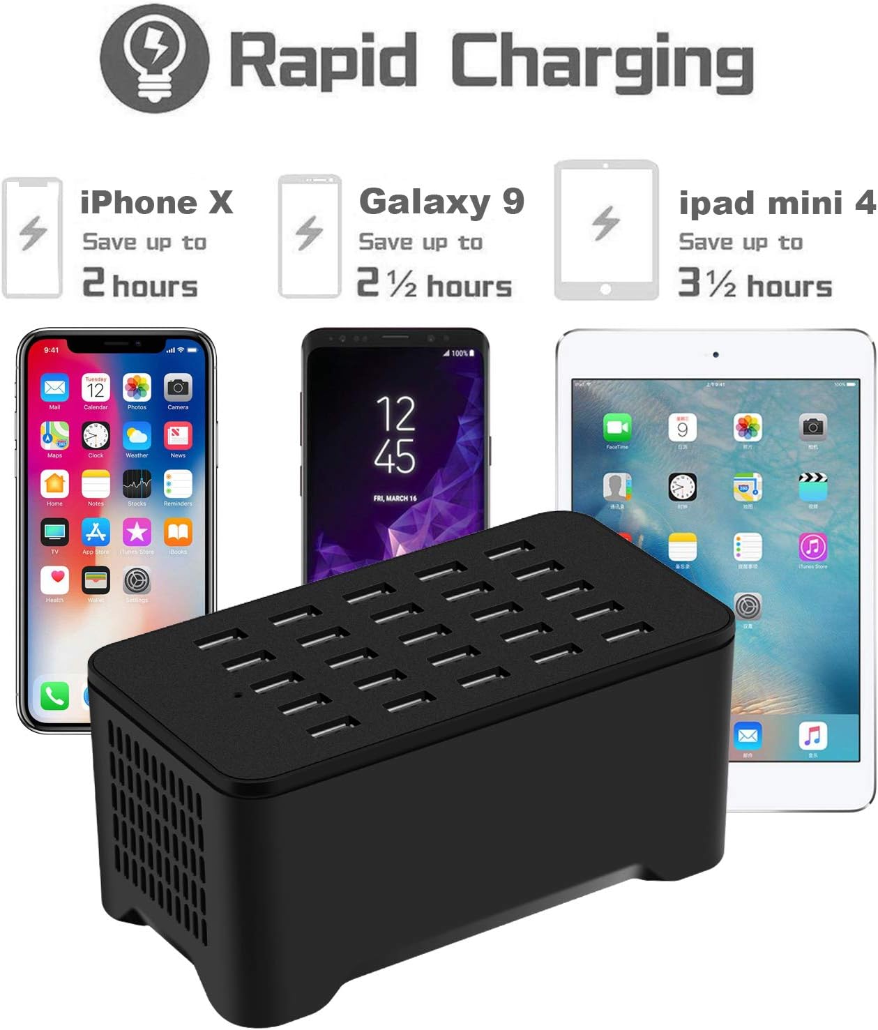 25 Ports USB Charger, 125W 25A Desktop USB Charging Station with iSmart Multiple Port, Compatible iPhone Xs Max XR X 8 7 Plus, iPad Pro Air Mini, Galaxy S9 S8 S7 Edge, Tablet and More (Black)