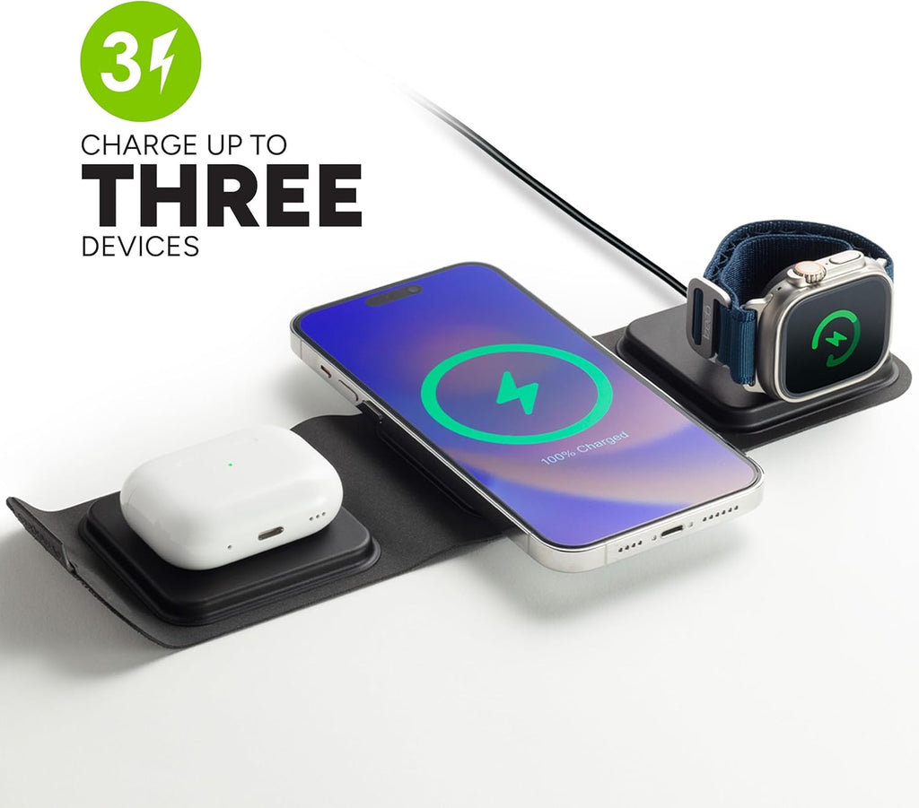 Mophie 3-in-1 Travel Charger with MagSafe - Portable Wireless Charging Hub, Compatible w/Apple Devices, iPhone 17/16/15/14/13/12 Series, Apple Watch Series 11 to 1 & Ultra, AirPods Pro/3rd Gen, Black