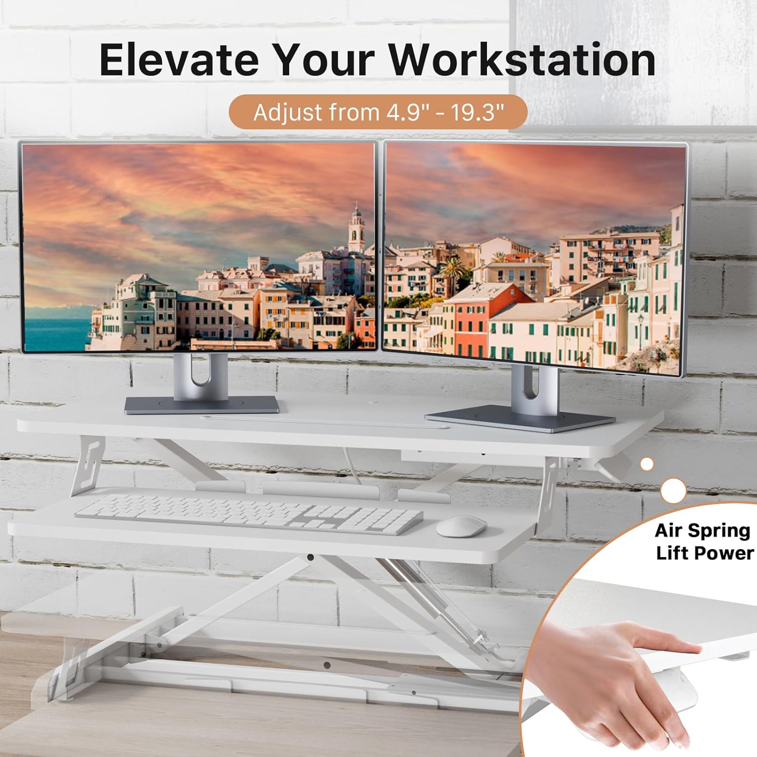 JOY worker Standing Desk Converter, 32" Wide Height Adjustable Sit Stand Up Desk Riser with Keyboard Tray, Desktop Workstation Riser for Home Office Computer Laptop, Particle Board, White