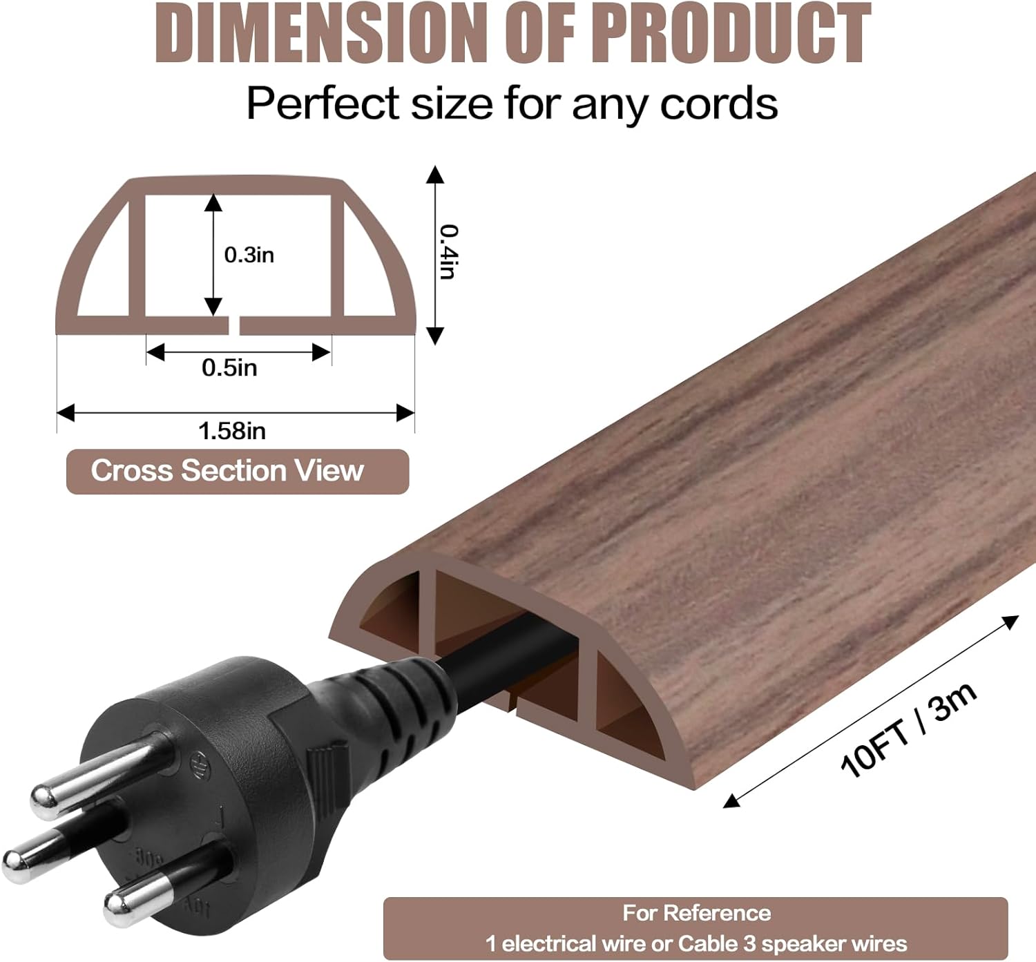 Floor Cord Cover Self Adhesive Cord Hider,10FT Cable Management, Extension Strip Protector for Wires, Prevent Cable Trips for Offices, Gyms, Exhibitions Cavity:0.51"(W) x 0.3"(H) Wood Walnut