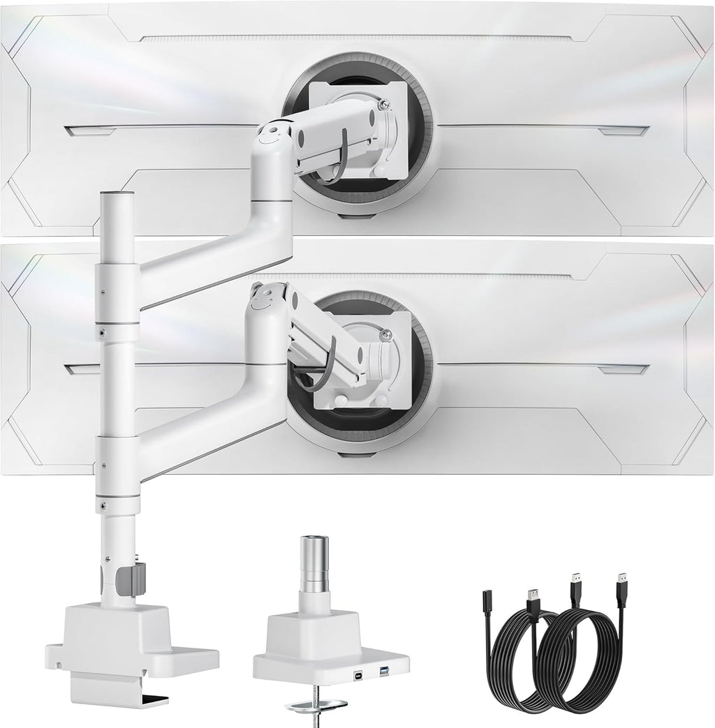 monTEK 17-57 Inch Dual Ultrawide Monitor Arm for Up to 59.4lbs Screen, Aluminum Heavy-Duty Gas Spring Vertical Stackable Curved Screen Adjustable Monitor Stand,75/100mm Vesa Mount, White