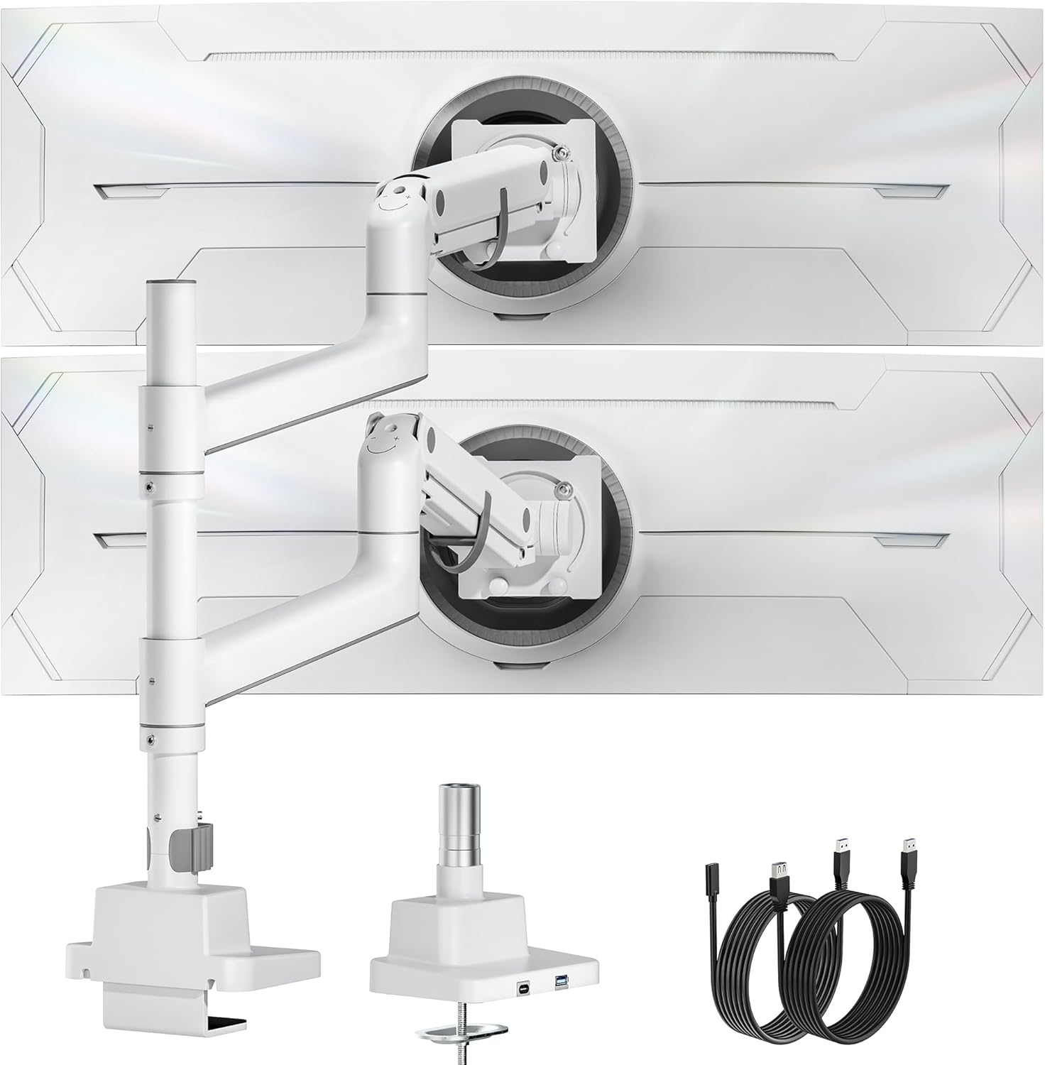 monTEK 17-57 Inch Dual Ultrawide Monitor Arm for Up to 59.4lbs Screen, Aluminum Heavy-Duty Gas Spring Vertical Stackable Curved Screen Adjustable Monitor Stand,75/100mm Vesa Mount, White