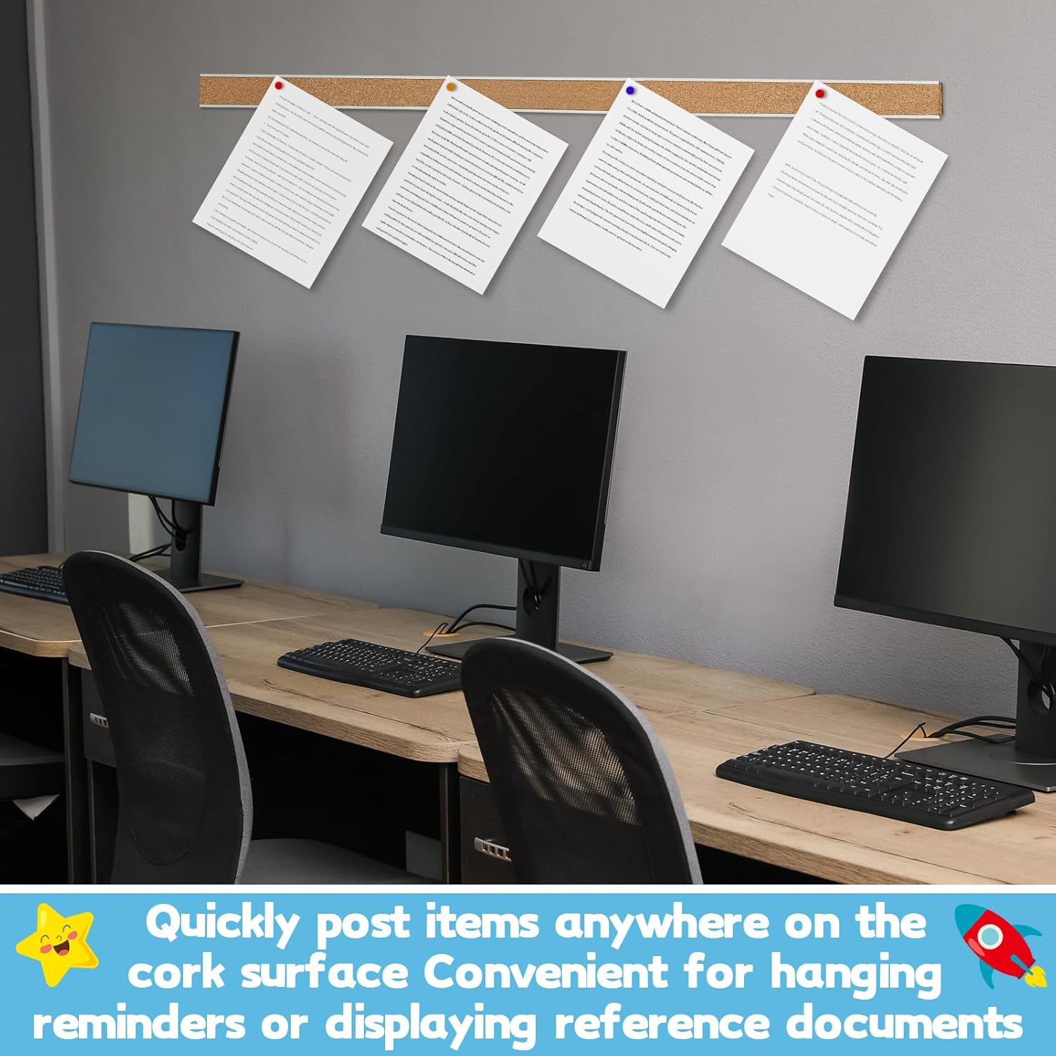 2 Pcs 72'' x 2'' Cork Board Strip for Wall - Bulletin Bar Tack Board With Aluminum Trim - Brown for Classroom Office Walls Cubicle