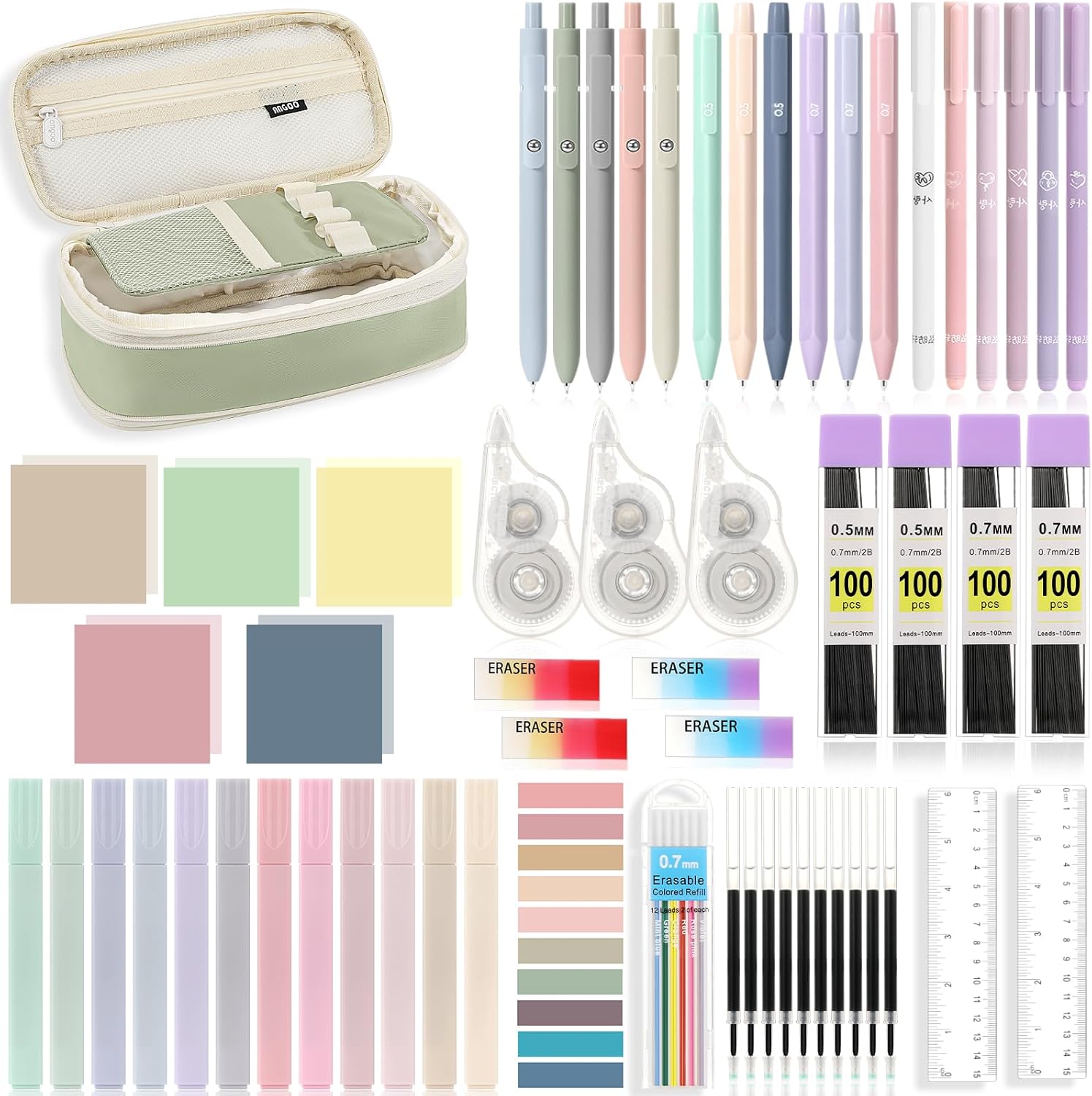 MoKo 60Pcs Aesthetic School Supplies with Cute Pencil Case,12 Pastel Highlighters,5 Black Ink Gel Pens,6 Mechanical Pencil Set 0.5 & 0.7 mm for Students Stationary College Essentials