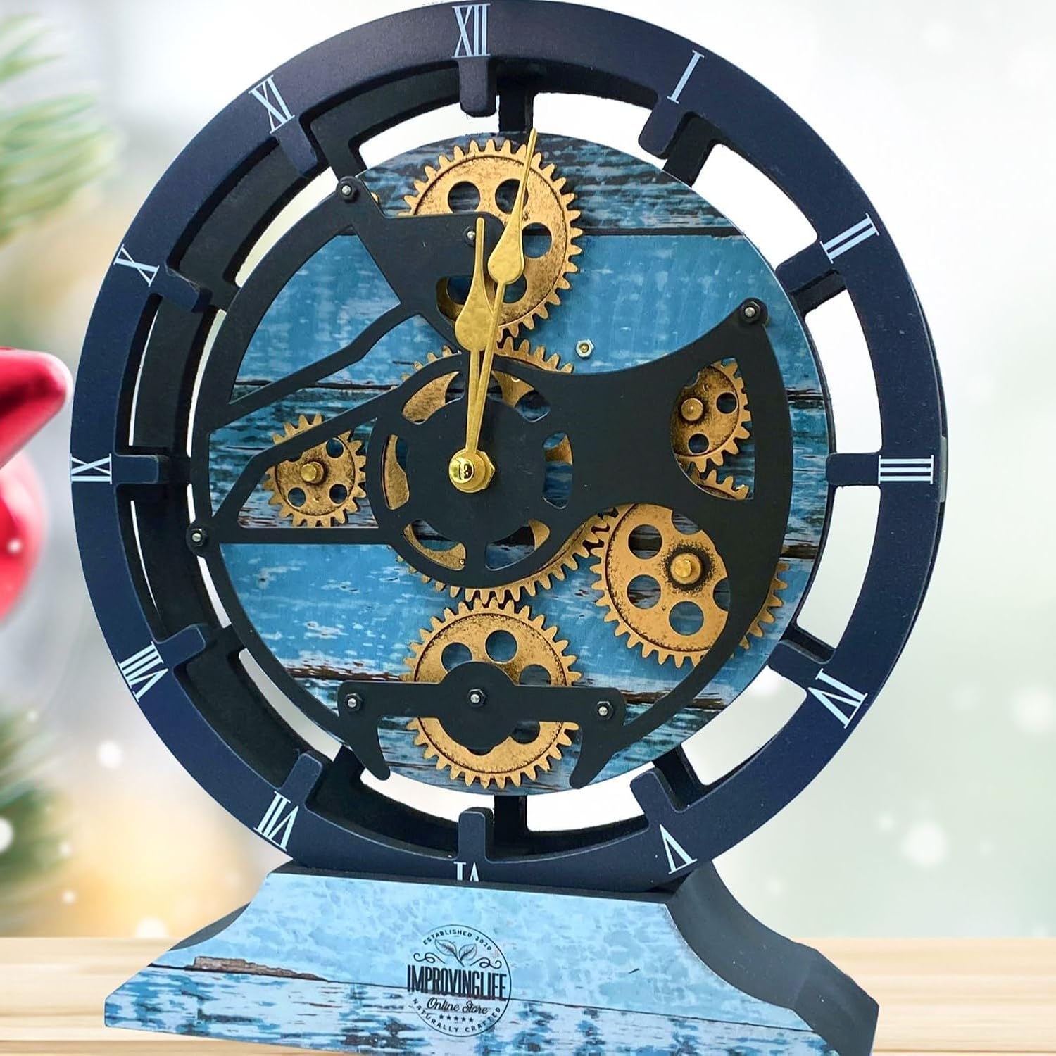 The Gears Clock Desk Clock 10 inches with Real Moving Gears Convertible into Wall Clock (Ocean Blue)