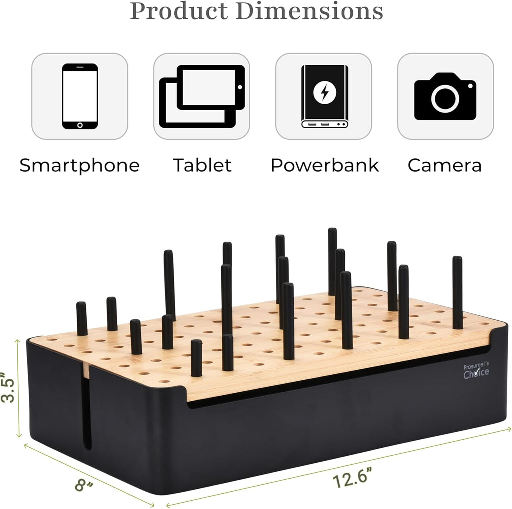 Prosumer's Choice Black Wooden Charging Station Organizer for Multiple Devices - Cable Management Box with 5 Slots and Removable Dividers - Charger Organizer for Phone, Tablet, Home, Office, 12"x6"x7"