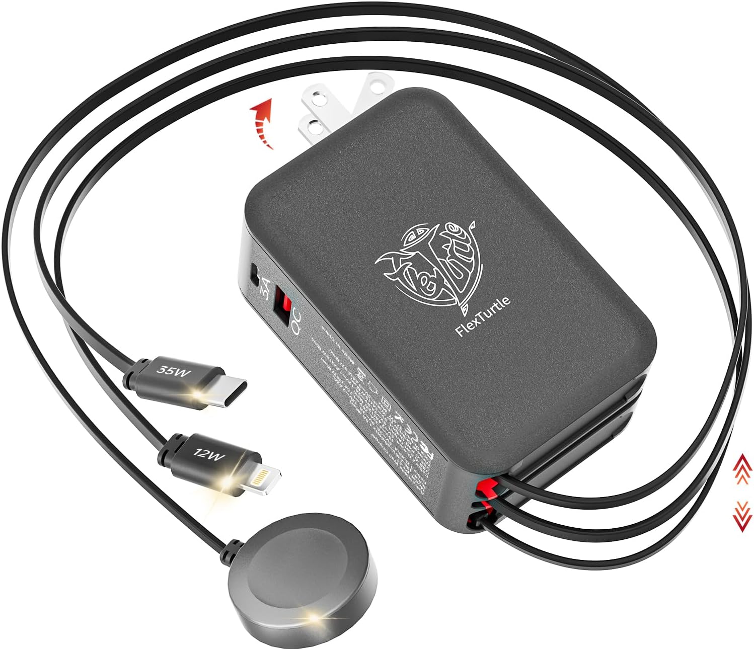 Apple Watch Charger Travel Essentials, 5 in 1 Travel Charging Station for Apple Devices, Retractable Wall Charger with 3 * 3.2ft Retractable Cables, Fast Charger Block for Apple Gear, Grey