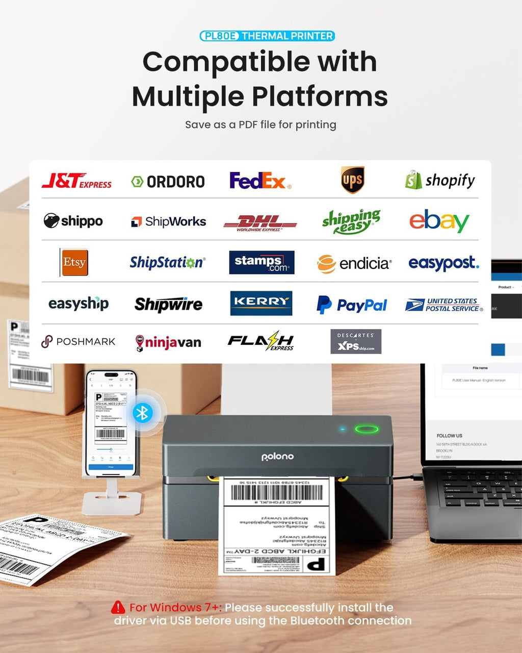 POLONO Bluetooth Thermal Shipping Label Printer, Wireless 4x6 Shipping Label Printer for Small Business, Support iOS, Android, Windows and Mac, Compatible with Amazon, Ebay, Shopify, Etsy, USPS (Grey)