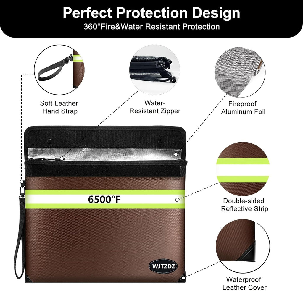 6500°F Fireproof Document Bag,Upgraded Fireproof Money Bag with Waterproof Zipper,10 Layers Heat Insulated Materials/Reflective Strip with Handle for Important Documents（Not Fit A4 Files）