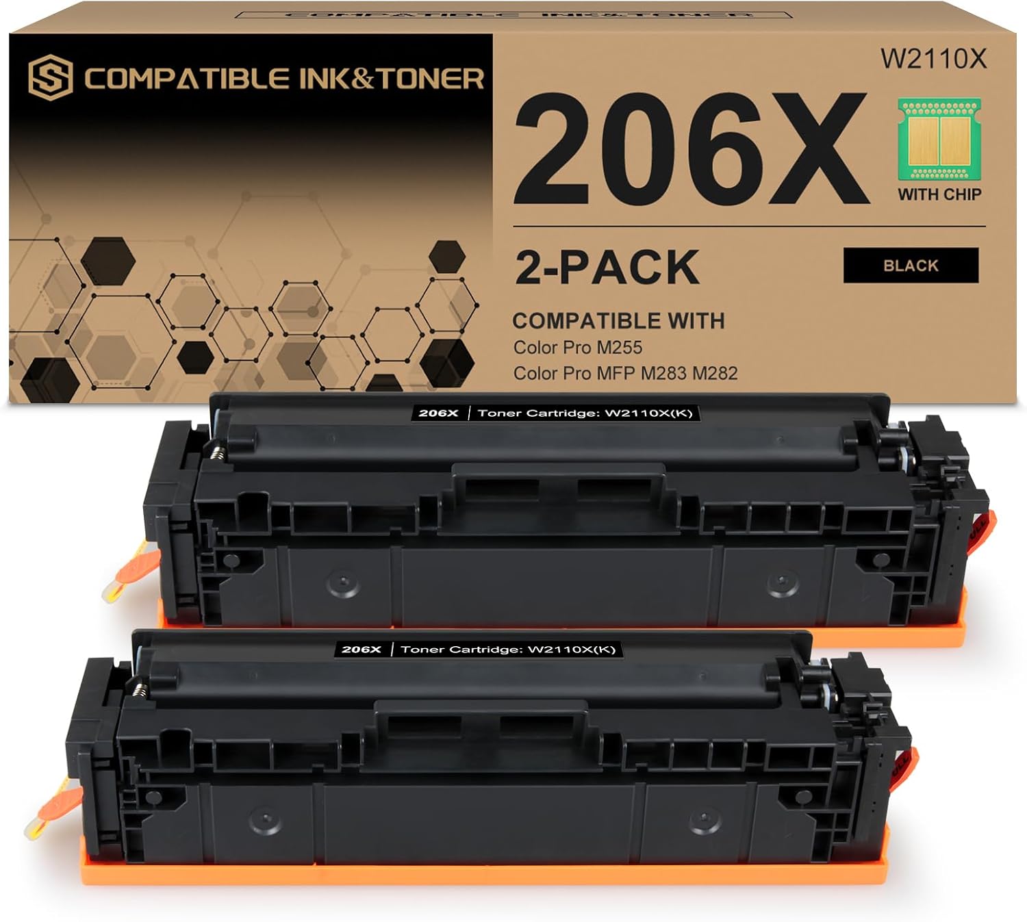 206X Black Toner Cartridges High-Yield (with Chip) Works with HP Color Pro MFP M283fdw M283cdw, Pro M255dw M255nw, MFP M282nw M283 M255 M282 Printer | W2110X 206A W2110A, Pack of 2