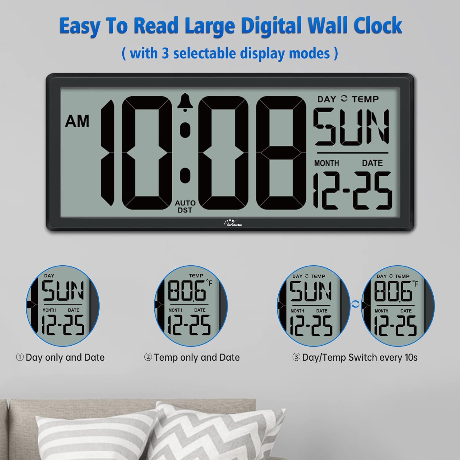 WallarGe 14.5'' Large Digital Wall Clock Battery Operated with Jumbo Numbers, Temperature and Date - Easy to Read and Set, Auto DST