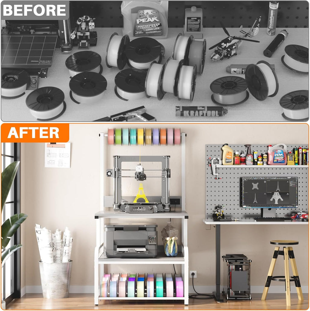 Homieasy Printer Stand with Charging Station, 29.1" x 22.8" Large 3D Printer Table with Filament Storage, Heavy Duty Rolling Printer Cart with 4-Tier Storage for Workshop/Office/Garage, Light Grey