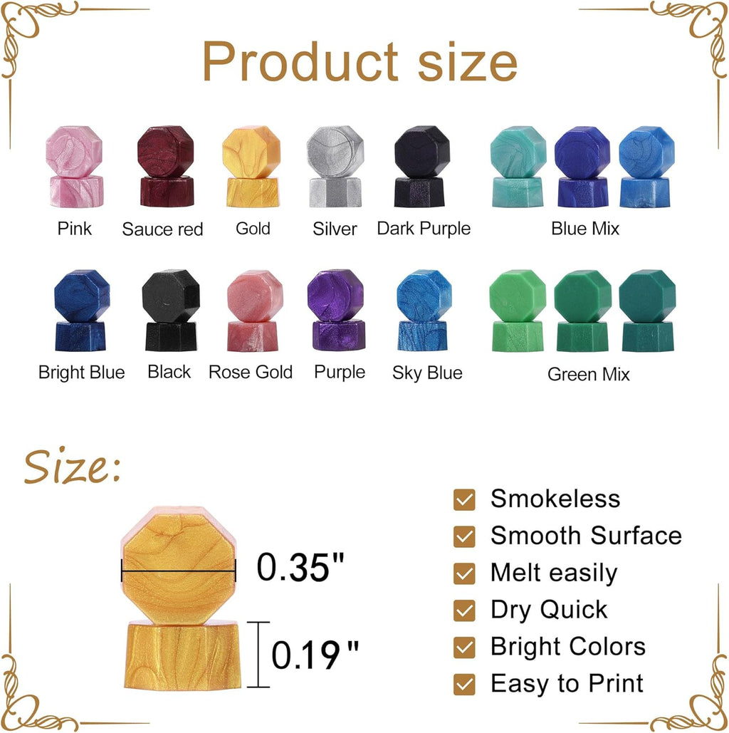 Yoption 300 Pieces Bright Blue Sealing Wax Beads, Vintage Octagon Seal Beads With 4 Candles and 2 Melting Spoons for Wax Stamp (Bright Blue)