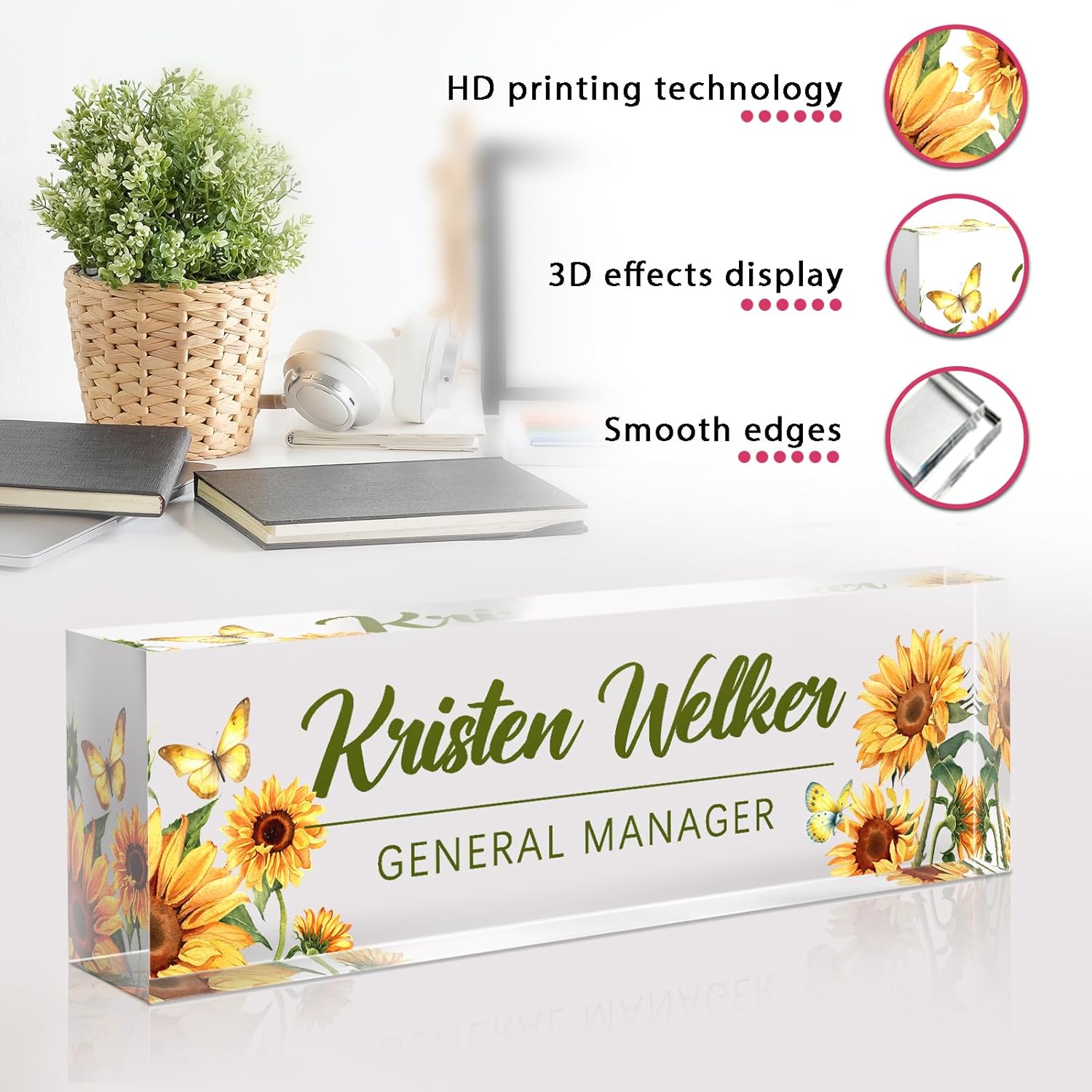 Personalized Name Plate for Desk - Custom Engraved Name Plates for Man - Boss Day Gifts for Boss - Acrylic Office Decor Appreciation Gifts for Teacher Nurse Coworker Social Worker (Sunflower)