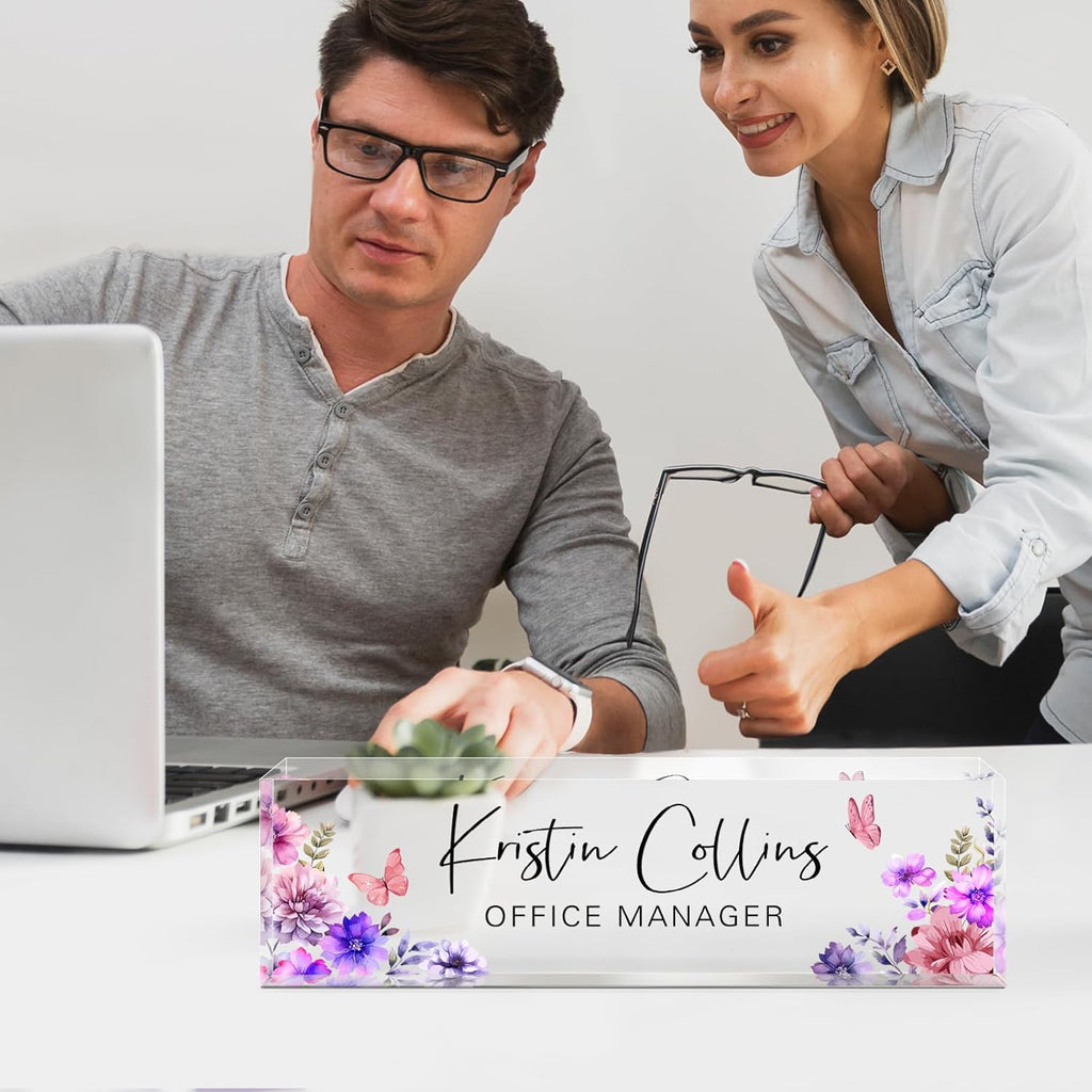 Custom Name Plate for Desk, Acrylic Office Decor For Women Men, Personalized Office Desk Accessories, Teacher Employee Appreciation Gifts For Social Worker Boss Coworkers (Purple Flower-3)