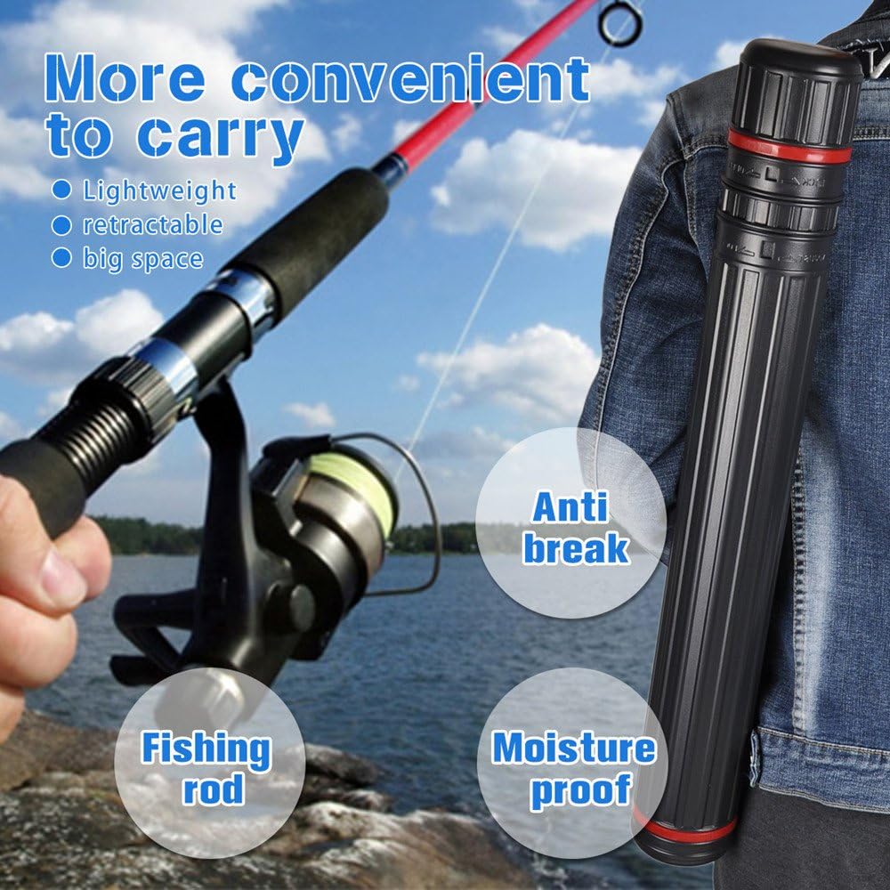 DEWEL Drawing Tube Blueprint Case Telescoping Art Tube Expands from 30”to 52”, Large Plastic Black Fishing Rods Storage Tube Waterproof and Light Resistant Poster Tube with Strap (XL Size)