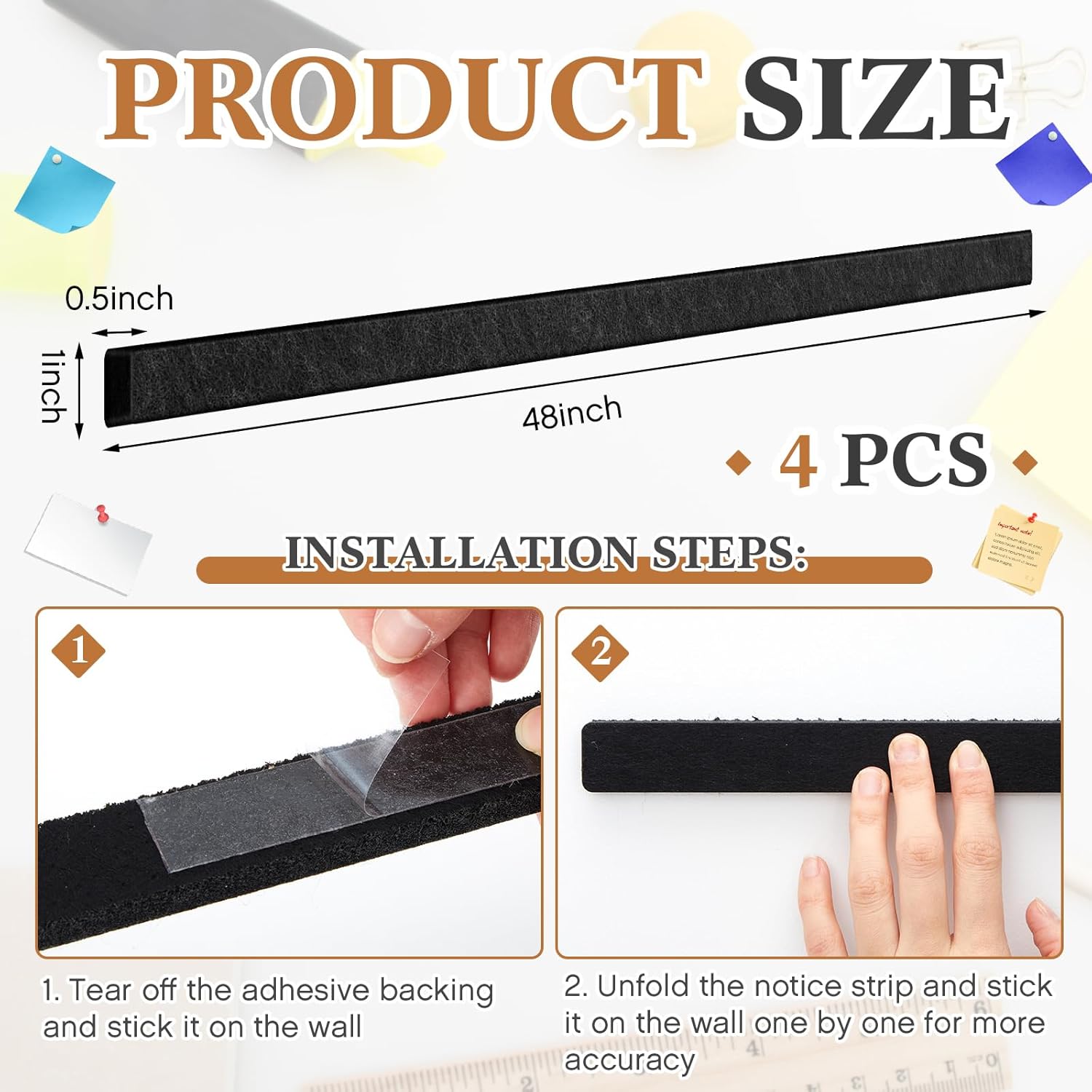 4 Pcs 48" x 1" Foldable Felt Cork Strips Bulletin Bar Strip for Wall Bulletin Board Decoration, Notice Board Self Adhesive Cork Wall Decoration, Paste Note, Photo, Schedules, Office Home Decor