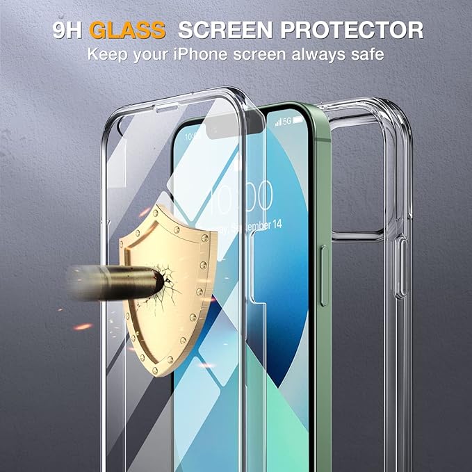 Miracase Compatible with iPhone 13 case 6.1 inch, 2023 Upgrade Full-Body Glass Clear Case Bumper Case with Built-in 9H Tempered Glass Screen Protector for iPhone 13,Clear