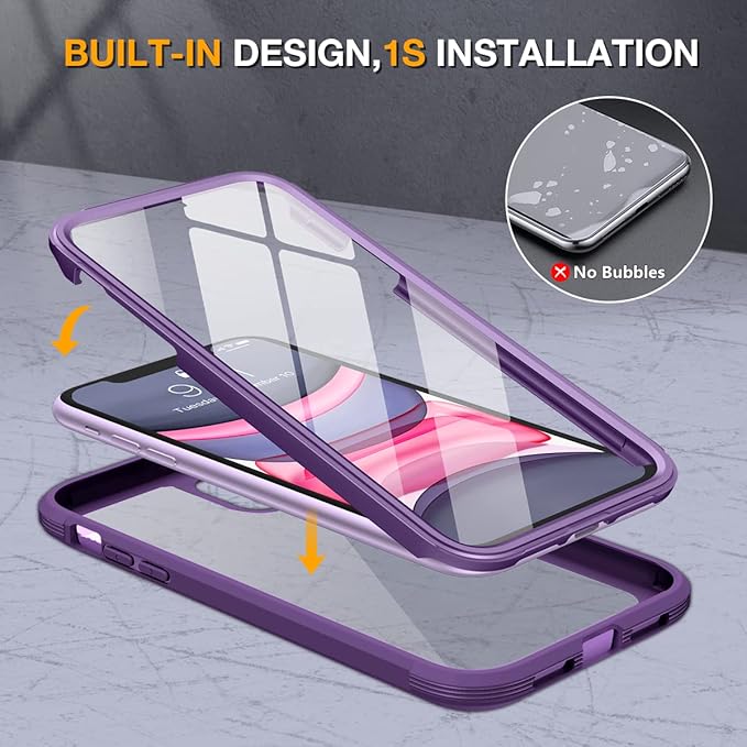 Miracase Glass Series for iPhone 11 Case 6.1 inch, Upgraded Full-Body Rugged Phone Bumper Case Cover with Built-in 9H Tempered Glass Screen Protector and Camera Protector, Purple