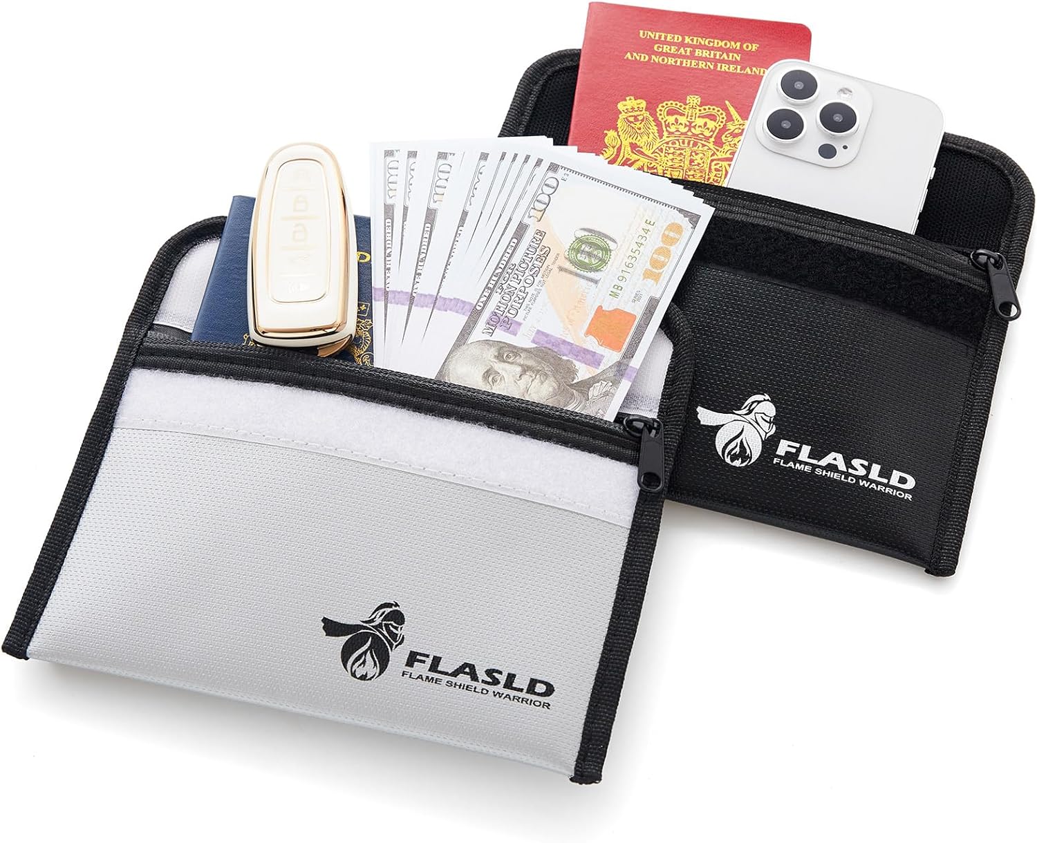 FLASLD Fireproof Money Bags, Fireproof Wallet Pouch, Small Safe Bag for Cash, Valuables & Passport, with Silicone Coating & Zipper Closure (2-Pack Money Bag-8x5”)