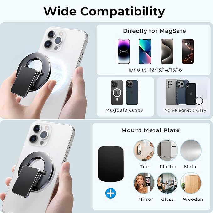 Dual-Side for Magsafe Phone Grip with Magnetic Phone Stand, Magnet Ring Holder for iPhone 16/15/14/13/12 Pro Max Series Magsafe Case, Strong Magnetic Car Mount, Gym Phone Holder