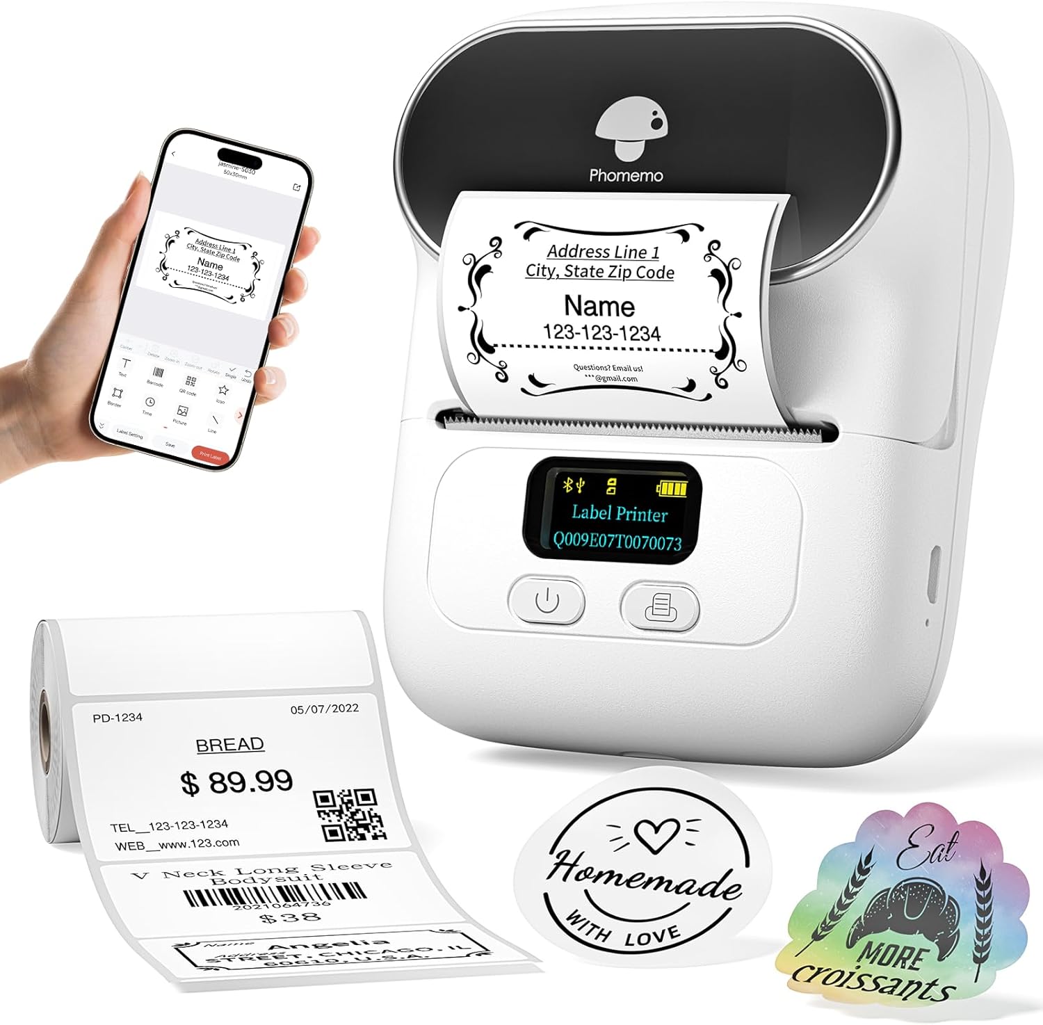 Phomemo Label Printer M110 Upgraded Label Maker Bluetooth No Ink Portable for Small Business, Address, Office, Home for Phone; for PC/Mac(USB), with 100 Labels, White