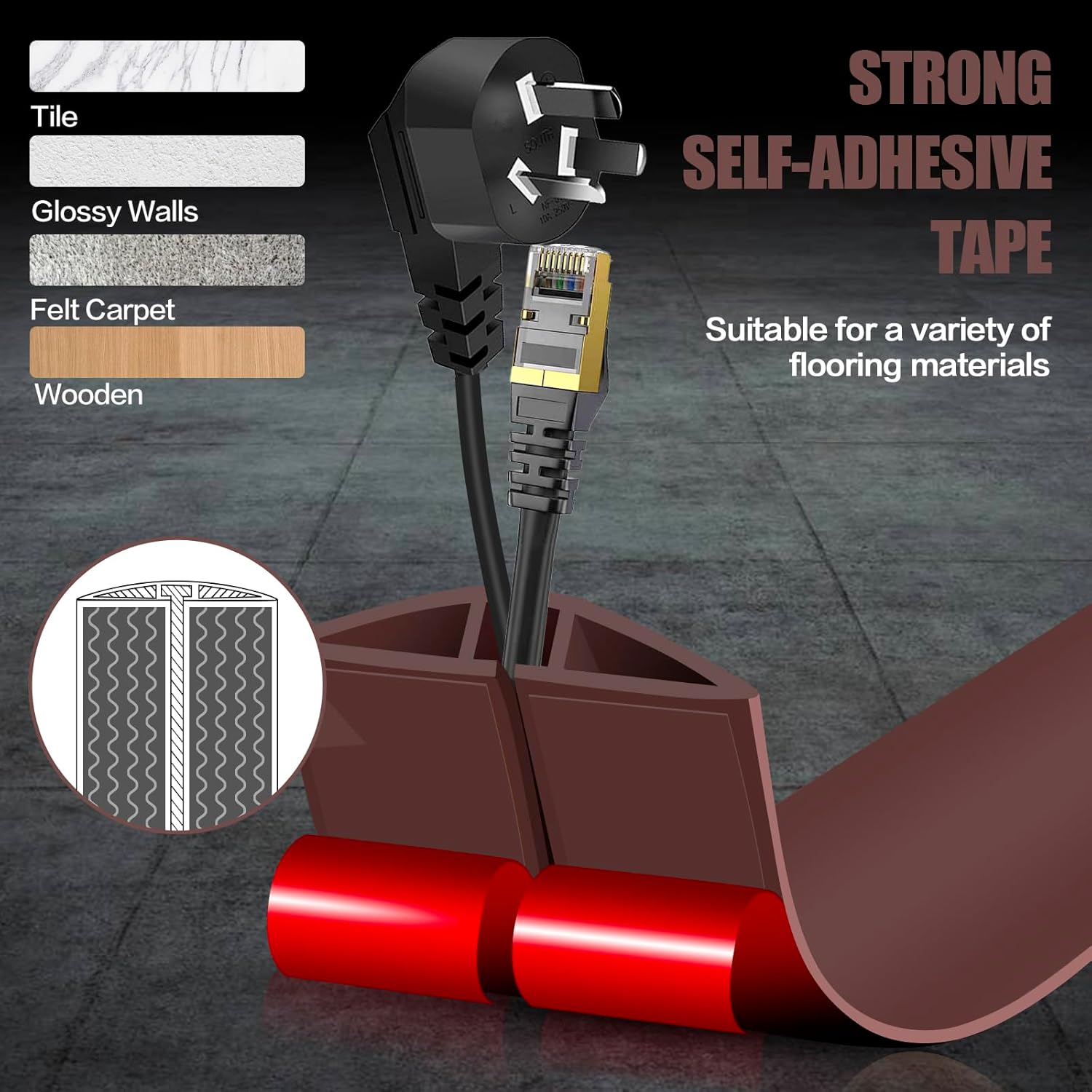 Floor Cord Cover Self Adhesive Cord Hider,3.3FT Cable Management, Extension Strip Protector for Wires, Prevent Cable Trips for Offices, Gyms, Exhibitions Cavity:0.47"(W) x 0.35"(H) Coffee