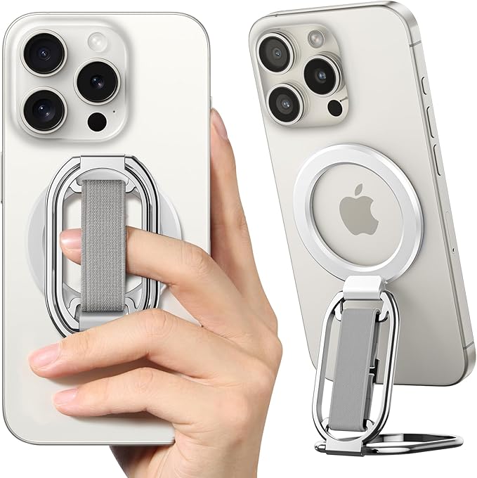 [2025 Newest] SUPERONE for Magsafe Phone Grip for Magnetic Kickstand Compatible with Mag Safe Finger Loop, 4-in-1 Phone Ring Holder Strap for Magnetic iPhone 16/15/14/13/12 (Silver)
