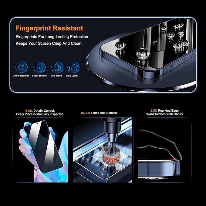 OneFish Screen Protector Privacy for iPhone 14 Pro Max/15 Plus, Anti Spy Private Tempered Glass Edge Protection, Dynamic Island Compatible with Installation Frame, 9H Glass Scratch Resistant, 2Pack