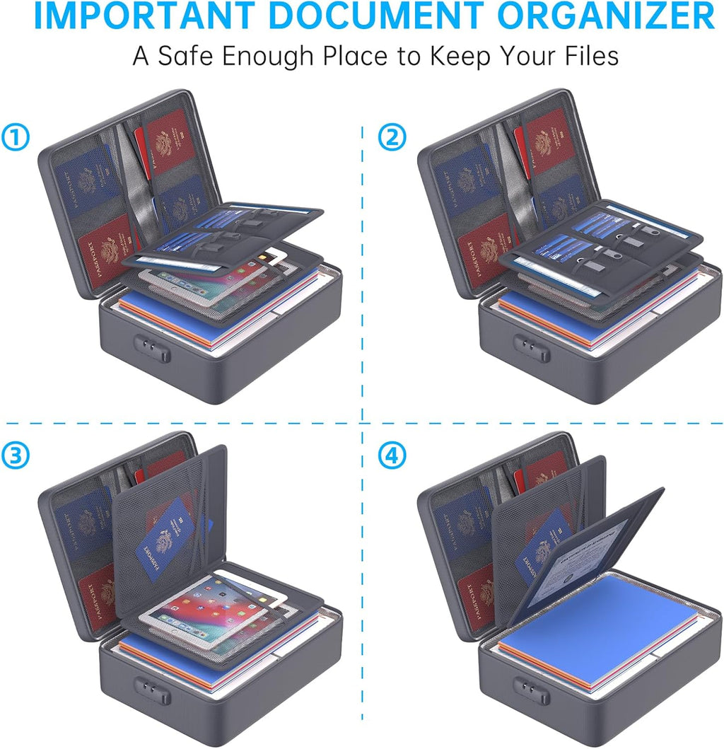 ENGPOW 5200°F Fireproof Document Bag with Lock, Upgraded Heat Insulated Fireproof＆Waterproof Box 8 Layers Document Organizer, Portable Home Travel Safe Storage Box for Important Files, Laptop, Gray
