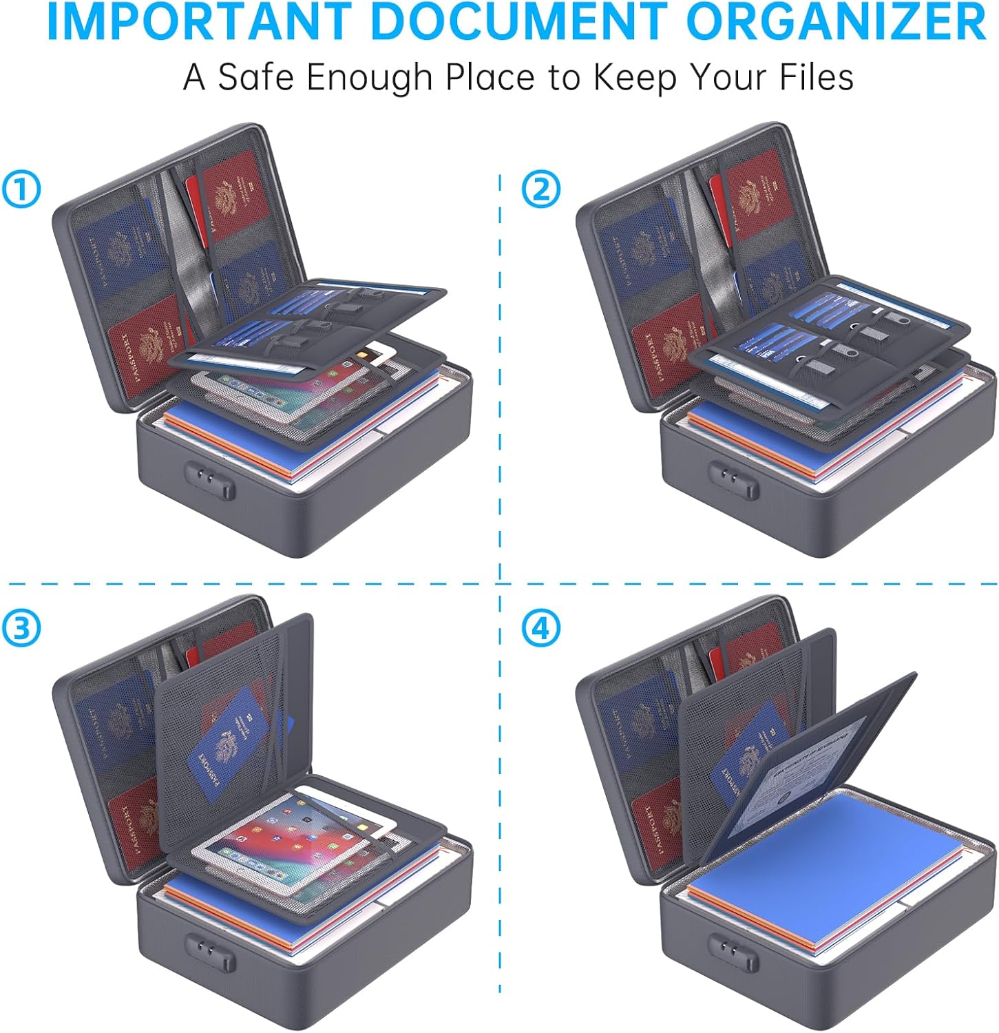 ENGPOW 5200°F Fireproof Document Bag with Lock, Upgraded Heat Insulated Fireproof＆Waterproof Box 8 Layers Document Organizer, Portable Home Travel Safe Storage Box for Important Files, Laptop, Gray