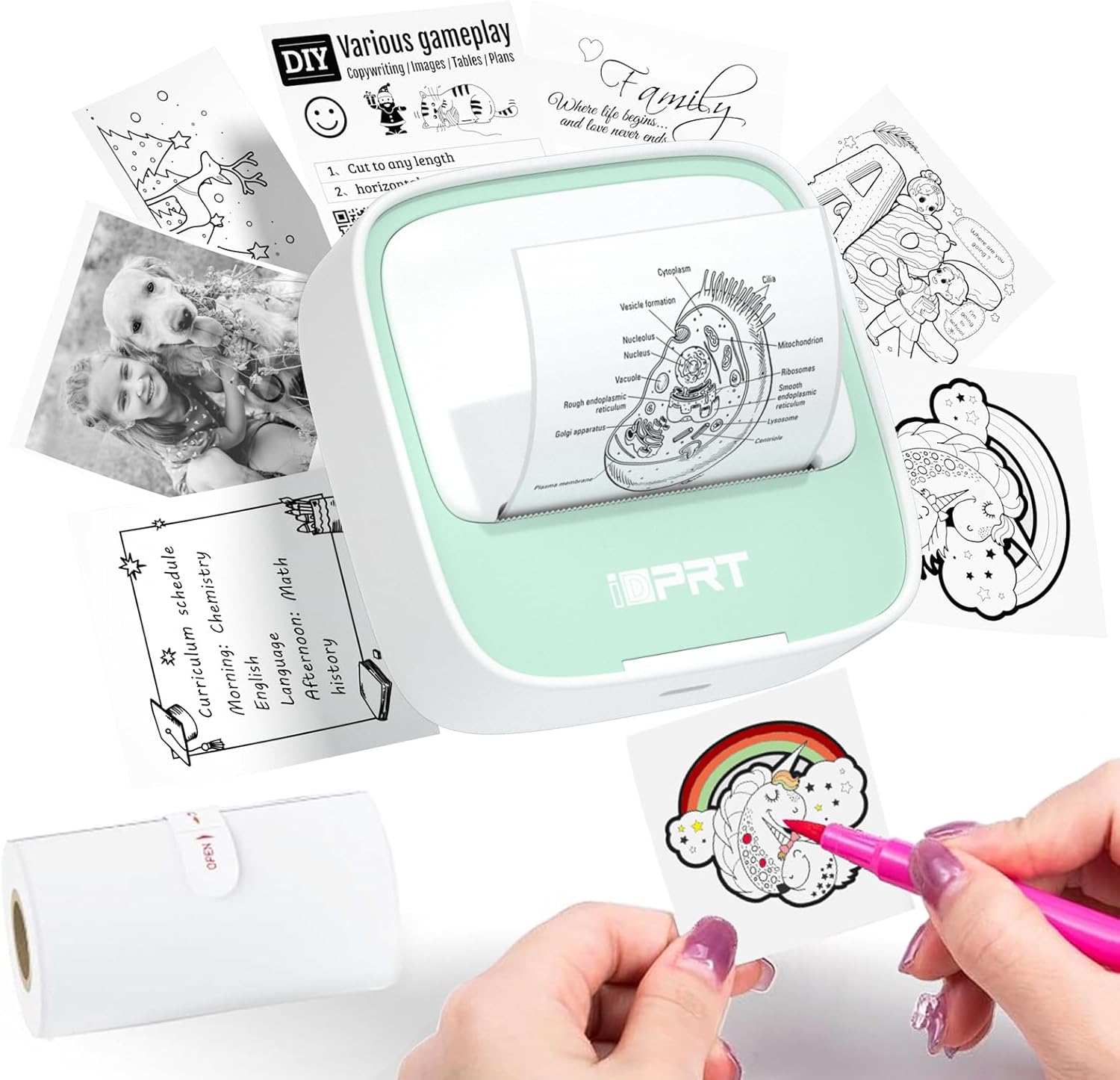 iDPRT Portable Sticker Maker Machine with 1 Roll Sticker Paper, Mini Printer Efficiently and Quickly, Thermal Printer for Study Notes, Pictures, DIY, Label, Free App with Multiple Templates, Green