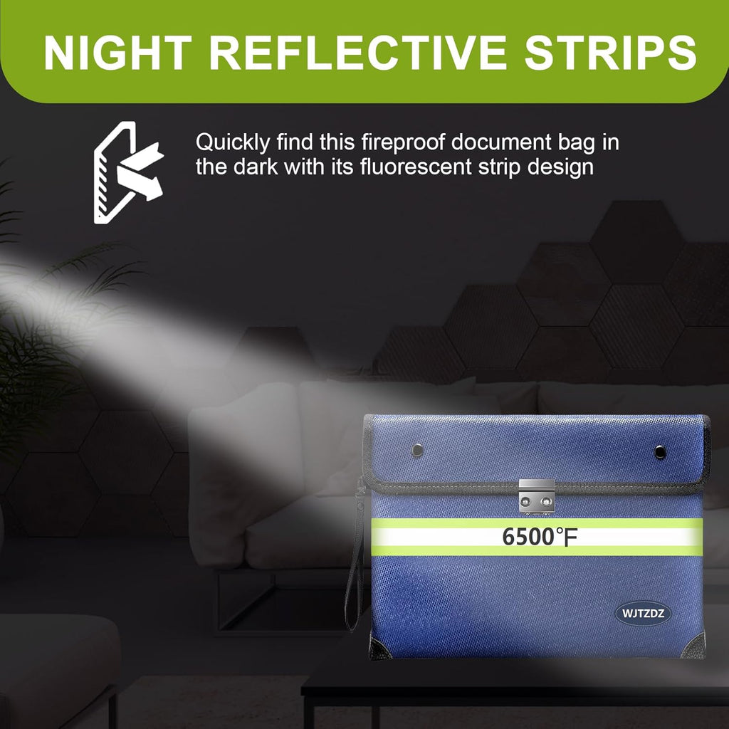 Upgraded Fireproof Money Bag with Lock,6500°F 10 Layers of Heat Insulated Materials Waterproof Zipper/Reflective Strip,Handle for Cash/Important Documents（Not Suitable for A4 Files）