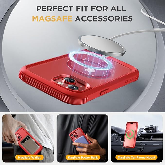 Miracase Magnetic for iPhone 14 Case 6.1", [Built-in Tempered Glass Screen Protector + Lens Protector] [Compatible with MagSafe] Full-Body Protective Bumper 14 Phone Cover, Red