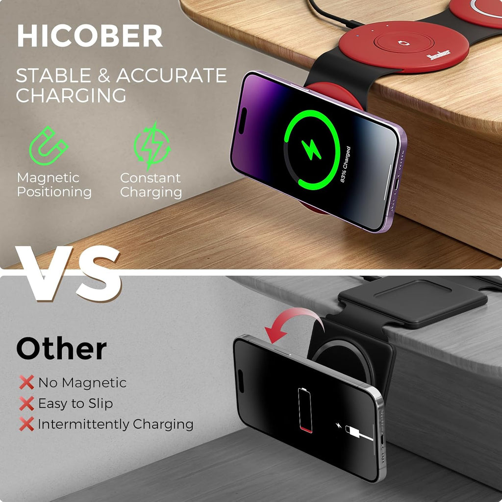 Hicober 3 in 1 Wireless Charging Station for Apple Watch and iPhone 16 15 14 13 12 Pro/Max/Plus, 3 in 1 Magnetic Foldable Wireless Travel Charger Station Stand for Airpods iWatch All Series Dark Red