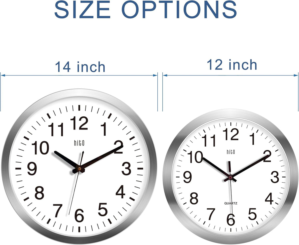 HITO 14" Silent Wall Clock Battery Operated Non Ticking Sweep Movement Glass Cover Silver Aluminum Frame, for Kitchen, Bedroom, Home Office, Living Room Decor