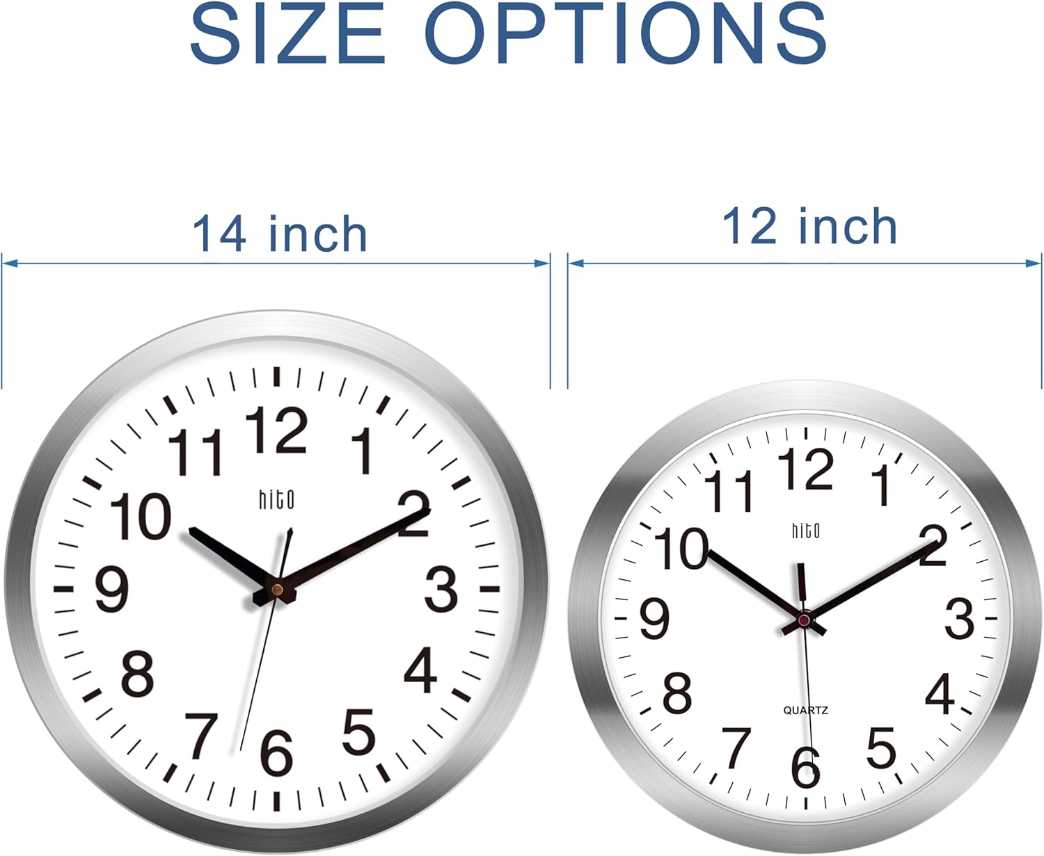 HITO 14" Silent Wall Clock Battery Operated Non Ticking Sweep Movement Glass Cover Silver Aluminum Frame, for Kitchen, Bedroom, Home Office, Living Room Decor