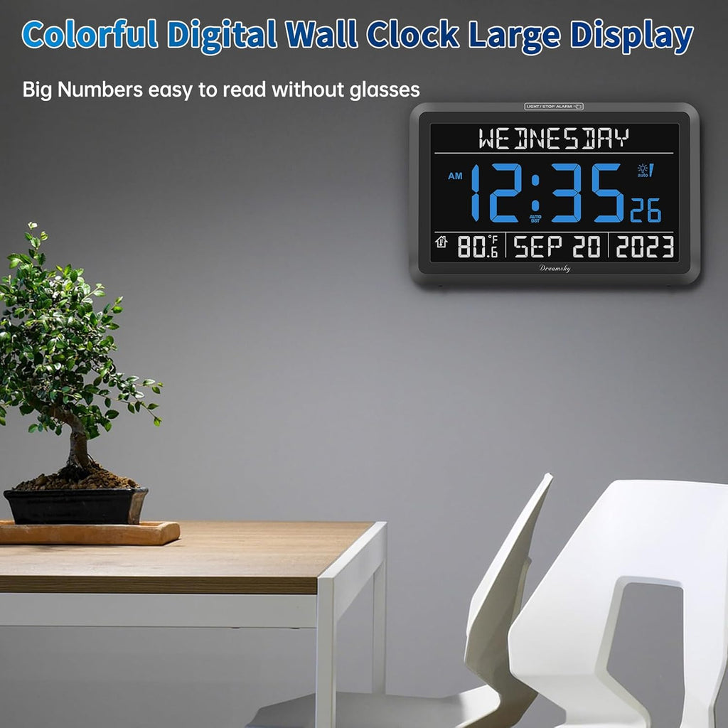 DreamSky Digital Clock with Date and Day of Week - Large Calendar Clock for Seniors Elderly, Loud Alarm Clock for Bedroom Desk, Backlight Dimmer, Adjustable Volume, USB Port, Auto DST, Battery Backup