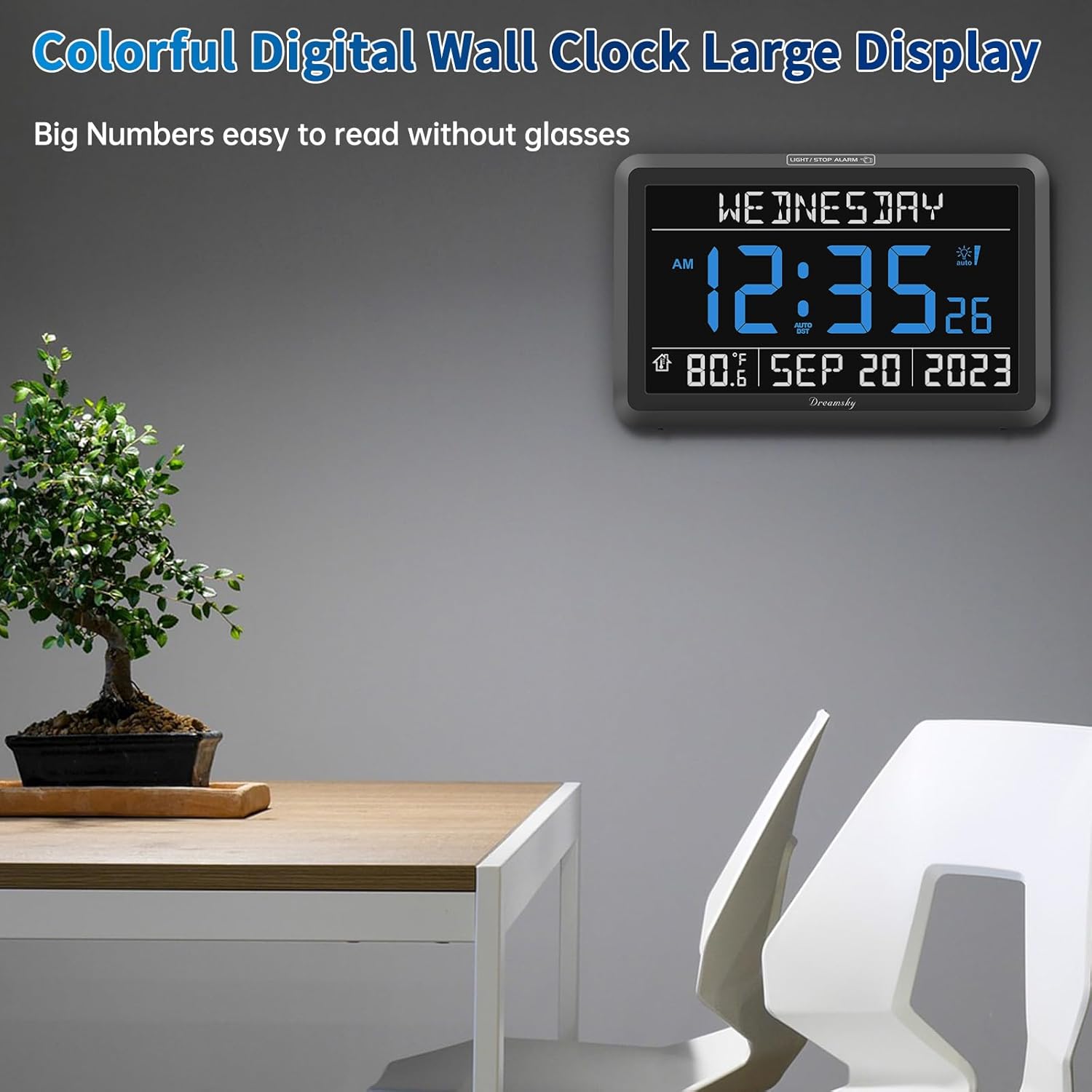 DreamSky Digital Clock with Date and Day of Week - Large Calendar Clock for Seniors Elderly, Loud Alarm Clock for Bedroom Desk, Backlight Dimmer, Adjustable Volume, USB Port, Auto DST, Battery Backup