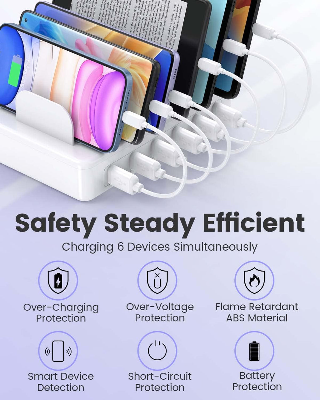 Charging Station for Multiple Devices Apple, CREATIVE DESIGN 50W Multi Charger Station with 6 USB Ports & 6 Cables, Charging Dock for Apple Android Phone iPad Kindle Tablet and Other Electronic